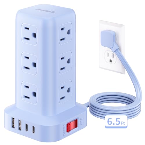 Extension Cord with Multiple Outlets, SMALLRT Power Strip Tower, Outlet Extender with 12 AC Outlets 4 USB, 6.5FT Extension Cord for Home Dorm Room, Office Supplies, Blue - color: Blue, size: 6.5 Ft without wireless charging