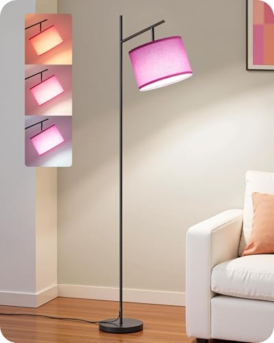 EDISHINE Modern Floor Lamps for Living Room, 64.7" Minimalist Standing Lamp with 3 Color Temperatures Bulb & Adjustable Linen Shade, Foot Pedal Switch, Arc Tall Lamp for Office Bedroom, Pink - color: Pink Shade