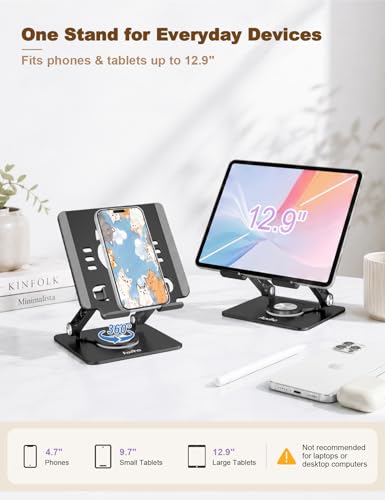 Aoviho Tablet Stand 360° Rotating Aluminum Holder, Adjustable, Portable and Foldable Monitors Stand for iPads, Compatible with 4-12.9" Tablets, Ink Black - color: Ink Black