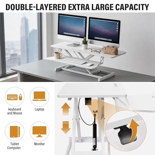 37 Inch Standing Desk Converter, Height Adjustable Desktop Standing Desk, Stand Up Riser Compatibles with 2 Computer, Stand Up Converter Laptop Workstation to 18.8" Tall, Black - color: White