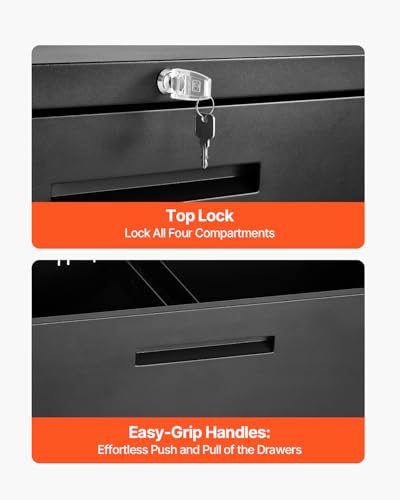 VEVOR 4 Drawers Metal File Cabinet, Vertical Filing Cabinet with Lock and Adjustable Hanging Rod, Tall Filing Storage Cabinets for Home and Office Fit Letter, A4, Legal Size File, Easy Assembly, Black