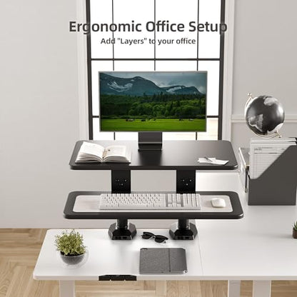 Claiks 24-Inch Sit-Stand Workstation，Innovative Space-Saving Height-Adjustable Ergonomic Desk Converter with Wide Keyboard Tray，Dual Fixation and Flexible Rotation Function, Black - color: Black, size: 24 inch