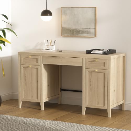 52" Executive Desk with Storage Drawers, Farmhouse Home Office Desk with 2 Storage Cabinets Wood Computer Writing Desk for Study Office, Light Oak - color: Light Oak, size: 20.1"D x 52.2"W x 29.5"H