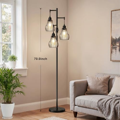 Ziisee Dimmable Floor Lamp, 3 x 800LM LED Edison Bulbs Included, Farmhouse Industrial Floor Lamp Standing Tree Lamp with Elegant Cage Tall Lamps for Living Room Bedroom Office - Black - color: A-Matte Black