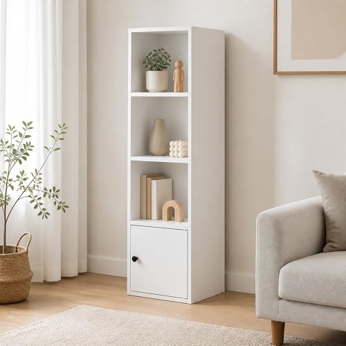 4-Tier Bookcase with Closed Storage, Cube Bookshelf, Book Shelf, 9.3 x 12 x 41.8, for Organization and Storage, Home Office, Living Room, Bedroom, White - color: White, size: 4 Tier