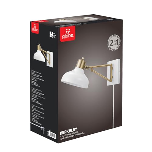 Globe Electric 51344 1-Light Plug-in or Hardwire Swing Arm Wall Sconce, White, Brass Accents, White-Cloth Cord, Mounted Bedside Lamp, Kitchen Sconces Wall-Lighting, Bulb Not Included - size: 5.75"