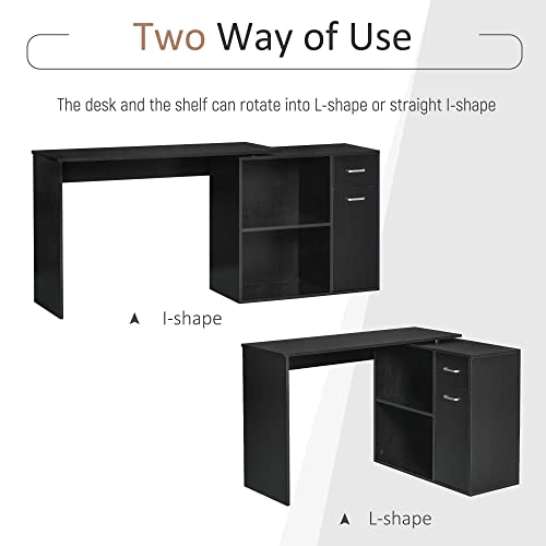 HOMCOM L Shaped Computer Desk 180° Rotating 47.25"x19.75"x 53.75", Black | Corner Desk, Storage Shelves, Drawer, Cabinet, Study Workstation, for Home Office