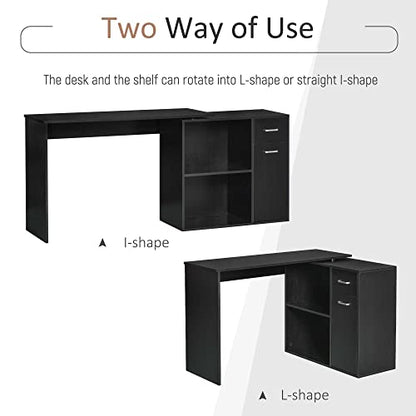 HOMCOM L Shaped Computer Desk 180° Rotating 47.25"x19.75"x 53.75", Black | Corner Desk, Storage Shelves, Drawer, Cabinet, Study Workstation, for Home Office