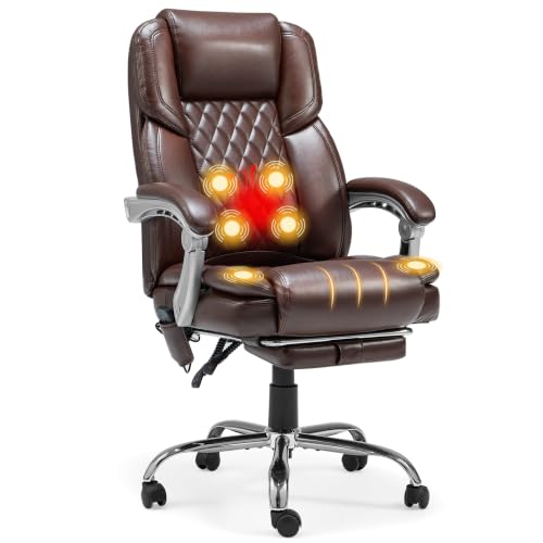 6-Point Massage Office Chair with Lumbar Support, Heated Executive Office Chair, Computer Gaming Chair with with Adjustable Backrest for Home Office, Brown - color: Brown-leather
