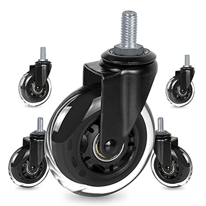 Replacement Office Chair Caster Wheels by 8T8, Set of 5, Rubber Chair Casters with Threaded Stem 3/8''-16X1(NOT Metric M10), Quiet and Smooth Gliding,Safe for Woood Hardwood Carpet Floors - style: No Nuts