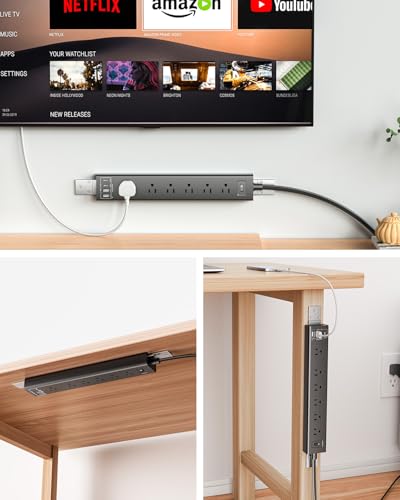 360° Mountable Surge Protector Power Strip with 4 USB Ports (2 USB C), 6 FT Electrical Outlet & Flat Plug Extension Cord for Under Desk, Wall, or Corner Mount - style: Desk Socket - Black