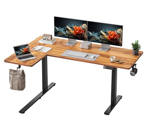 YIHAYO Reversiable L-Shaped Electric Standing Desk, 59 Inches Stand Up Corner Desk, Sit and Stand Up for Work Office Home, Computer Table with Splice Board, Rustic Brown Top - color: Black Frame/Rustic Brown Top, size: 59*40 Inch