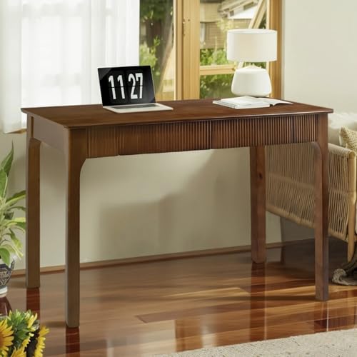 47.2'' Solid Wood Desk with 2 Drawers, Mid Century Modern Home Writing Office Wooden Desk ,Vintage Computer Table with Storage for Living Room, Bedroom, Fluted Design Brown (Walnut, 47.2 Inch) - color: Walnut, size: 47.2 Inch