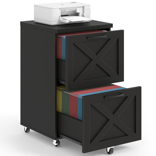 Halitaa Farmhouse 2 Drawer Small File Cabinet with Wheels, Black | Vertical Filing Cabinet Fits A4 or Letter Size, Wooden Printer Stand, Under Desk Rolling File Cabinet for Home Office - color: Black