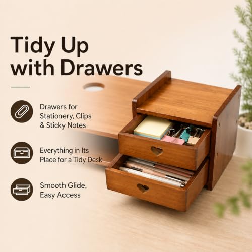 Bamboo Desk Monitor Stand with Drawer Wooden Computer Stand for Desk Monitor Riser with Storage for Laptop, PC Screen, TV, Printer, 3 Drawers + Hidden Keyboard Space