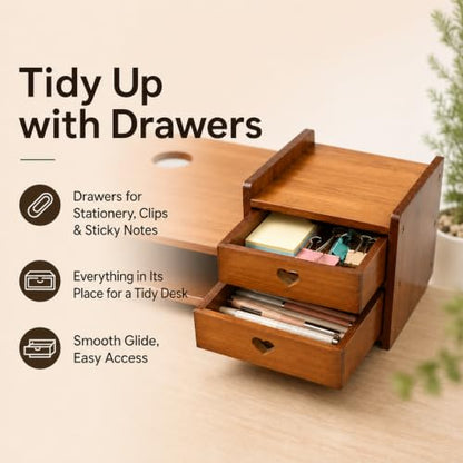 Bamboo Desk Monitor Stand with Drawer Wooden Computer Stand for Desk Monitor Riser with Storage for Laptop, PC Screen, TV, Printer, 3 Drawers + Hidden Keyboard Space