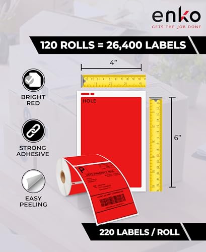 enKo 1744907 6 Rolls | 1320 Red Direct Thermal Address Labels (4 x 6 in) - size: Red 6 Rolls - 1320 Labels