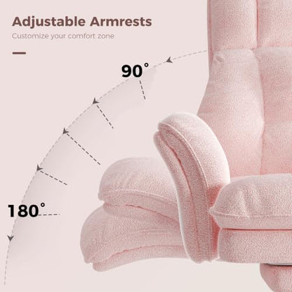 Big and Tall Office Chair, Flip Armrests for Pets & Cross Legged Sitting | Executive Ergonomic Computer Gaming Chair with Foot Rest, Teddy Fleece Wide Seat Reclining Desk Chair, Pink - color: Pink