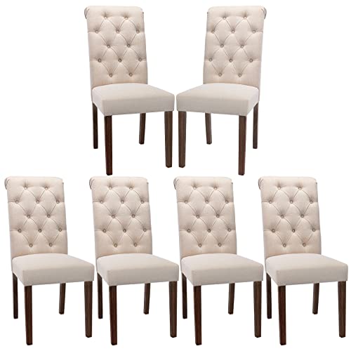 COLAMY Button Tufted Dining Chairs Set of 6, Accent Parsons Diner Chair Upholstered Fabric Dining Room Chairs Stylish Kitchen Chairs with Solid Wood Legs and Padded Seat - Dark Beige - color: Beige, size: set of 6