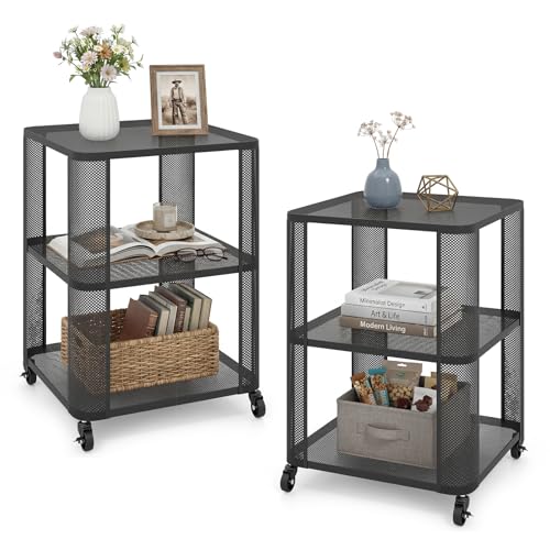 Giantex 3-Tier End Table Set of 2, Rolling Side Table w/Open Storage Shelves, Sturdy Mesh Metal Frame & Lockable Wheels, Mobile Small Bedside Night Stand for Bedroom Living Room Office - color: Black-wheels