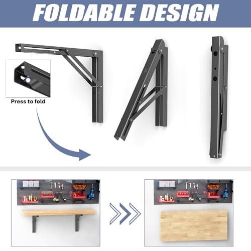 WALMANN 16 in Folding Wall Shelf Brackets, Wall Mount Collapsible Brackets | for Workbench/Table, 150 lbs Capacity, Space-Saving Shelf Hinges for Garage, Kitchen, Laundry, No Board - size: 16 Inch