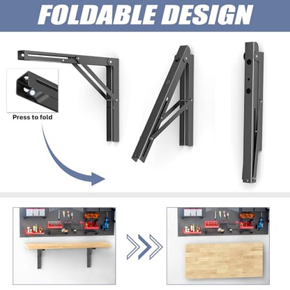 WALMANN 16 in Folding Wall Shelf Brackets, Wall Mount Collapsible Brackets | for Workbench/Table, 150 lbs Capacity, Space-Saving Shelf Hinges for Garage, Kitchen, Laundry, No Board - size: 16 Inch