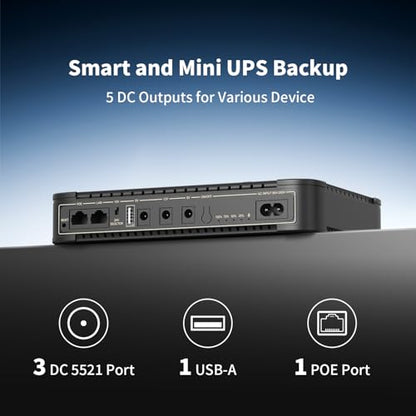 PECRON D77 DC UPS Battery Backup, 76.96Wh Small UPS for WiFi Router/Modem/Security Camera/Phone, Uninterruptible Power Supply with PoE Port, 5V/9V/12V DC5521 Port, 5V USB-A