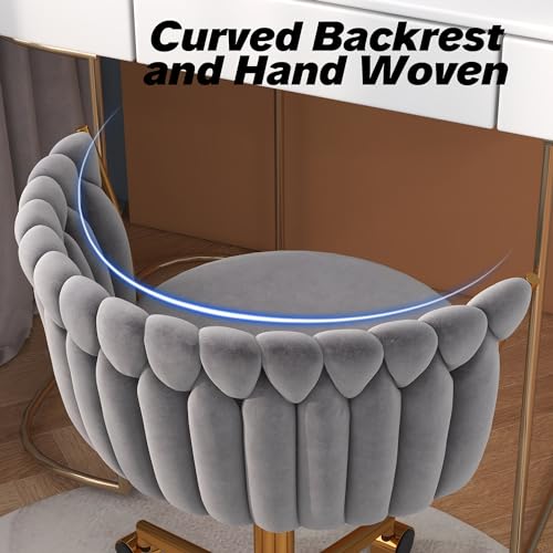 HENGJIANYI Velvet Woven Home Swivel Vanity Desk Chair with Gold Base, Gray | Modern Height Adjustable Office Chair with Metal Base and Hand Weaving Back Wheels for Bedroom Study Small Space girl women - color: Grey