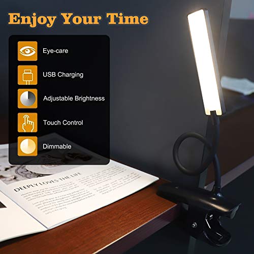 LED Reading Light with Clip USB Rechargeable Book Lights, 24 LEDs Flexible Neck Night Bed Lamp, Touch Control Portable Clamp Desk Lamps for Bed Headboard, Computers -Black - color: Black