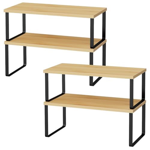 OGEMXU Cabinet Shelf Organizers, 15.7 inches Large Kitchen Counter Shelf, Set of 4 Wood Kitchen Pantry Organizer, Storage Shelves for Countertop, Spice Rack, Stackable, Expandable, Metal Black, Nature - color: Black and Natural Beige, size: 4pcs 7.8" D x