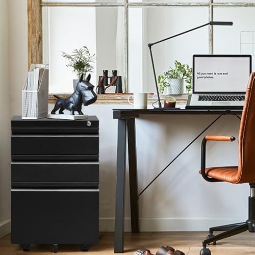 3 Drawer Mobile Locking File Cabinet, Anti-tilt Design Metal Vertical Filing Cabinet, Rolling Desk Filing Cabinet fits Letter/Legal/A4 Size for Home Office,Black - color: Black, style: 3A