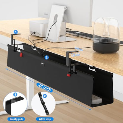 No Drill Under Desk Cable Management Tray, 28" Cord Management Tray with Cable Loop, Upgraded Oxford Fabric Wire Management for Standing Desk - No Damage to Table - size: 28 inch