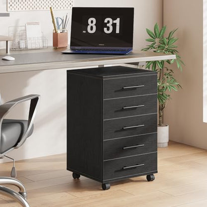 HOOBRO 5-Drawer File Cabinet, Office Cabinet with Drawers, Wooden Storage Cabinet with Wheels for Makeup, Home Office, Study, Easy Assembly, Black BK05WJ01 - color: Black