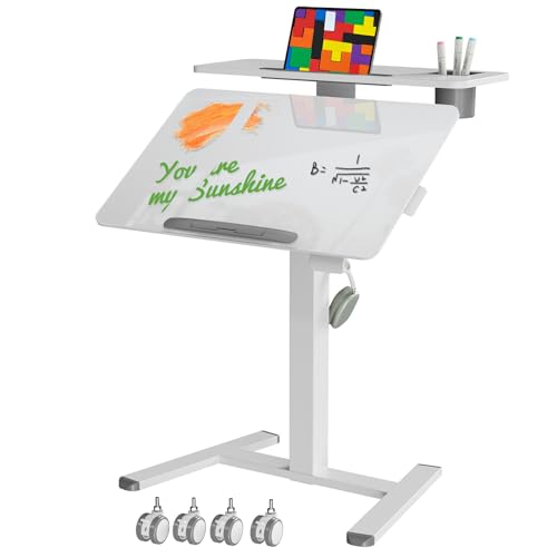 28" Glass Standing Desk, Tiltable Top with 2-Tier Shelves, White | Pneumatic Rolling Desk, Adjustable Height Mobile Computer Workstation, Portable Studio Drafting Table & Laptop Cart on Wheels - color: White Glass Top, size: 28"