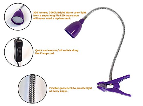 Newhouse Lighting LED Clip on Light/Clamp Lamp/Reading Book Light for Desk, Bed, Office, and Dorm Room, Purple - color: Purple