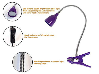 Newhouse Lighting LED Clip on Light/Clamp Lamp/Reading Book Light for Desk, Bed, Office, and Dorm Room, Purple - color: Purple