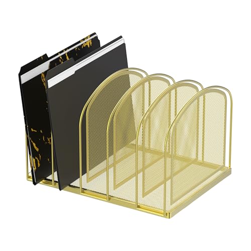 5-Section File Organizer for Desk, Metal File Folder Holder, Gold | 5 Vertical Compartments with Sturdy Metal Base for Office Documents Books Magazines and Laptop - color: gold, size: 5 Section