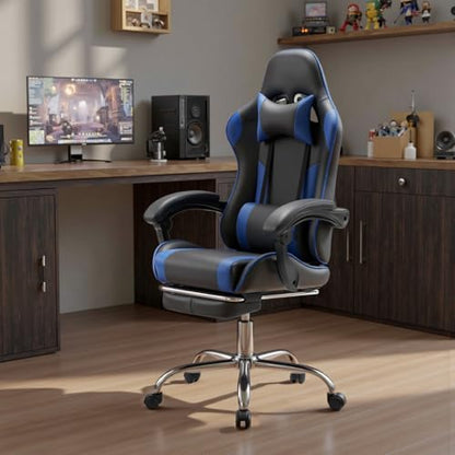 DUMOS Ergonomic Gaming Chair with Footrest, Home Office Desk Chair | PU Leather, Headrest, Linkage Armrests, Height Adjustable, 360 Swivel Reclining, Deep Blue - color: Deep Blue, size: PU Leather 27"D x 25"W x 52"H