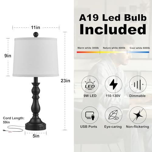 Black Table Lamps Set of 2, Black Lamps for Bedroom, USB C+A Ports - color: E.White, Black