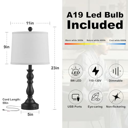Black Table Lamps Set of 2, Black Lamps for Bedroom, USB C+A Ports - color: E.White, Black