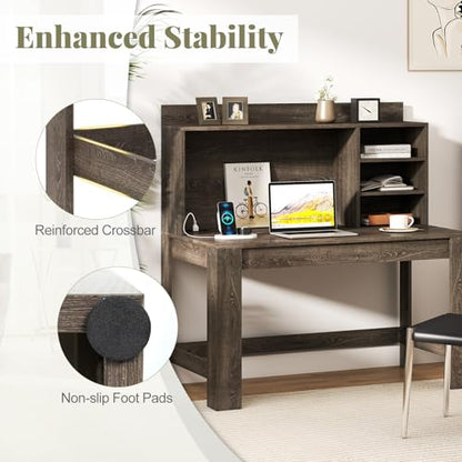 Giantex Computer Desk with Hutch, Modern Home Office Desk with Power Outlets, Storage Shelves & Cable Hole, Makeup Vanity Table, Study Writing Desk for Bedroom Office Small Space (Grey Oak) - color: Grey Oak