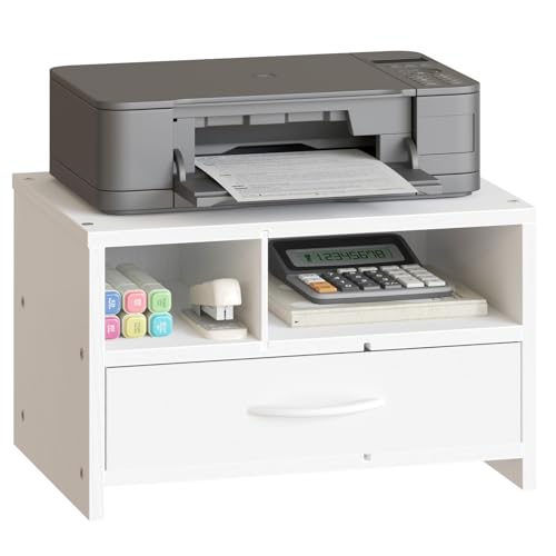 HOOBRO Desktop Printer Stand, Printer Stand Shelf Organizer with Drawer, Wooden Under Desk Printer Table, Storage Shelf, for Home Office White WT08PS01