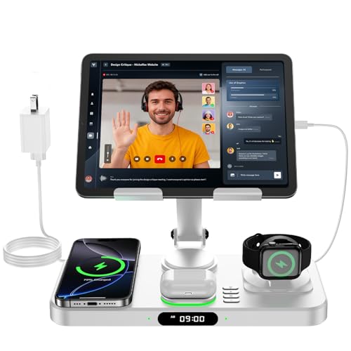 6 in 1 Wireless Charger for Apple Multiple Devices, Charging Station with Clock &7 Color Ambient Light, Foldable Rotate Stand for iPad, for iPhone18/17/16/15, Support for Apple Watch12/11 For AirPods5 - color: Ivory