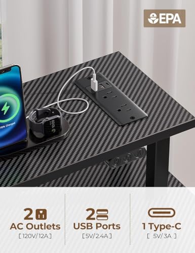 Rolanstar Computer Desk with Power Outlets & LED Light, 39 inch Home Office Desk with 3 Drawers and Storage Shelves, Writing Desk with Monitor Stand, Modern Work Desk for Home Office, Carbon Black