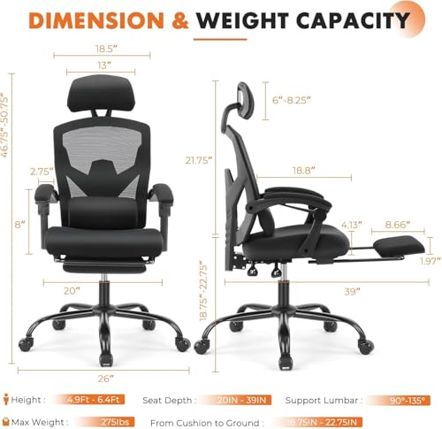 Simple Deluxe Home Office Desk Chair with Footrest, High-Back Mesh Rolling Swivel Reclining Chairs with Wheels, Comfortable Headrest, Lumbar Support, Comfy Arms - color: Black
