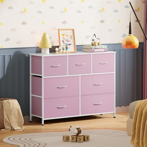 WLIVE 7 Drawer Dresser TV Stand, Entertainment Center, Media Console Table with Metal Frame and Wood Top for TV up to 45 inch, Chest of Drawers for Bedroom, Living Room, A-Pink - color: A-pink