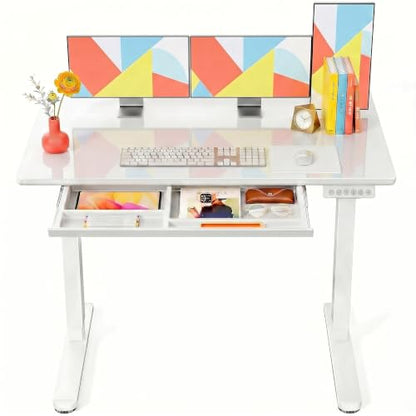 Marsail 55 x 28 inch Glass Standing Desk with 4-Zone Drawer Storage, White | 28.3–46.5 Inch Height Range, One-piece Tempered Glass top, 4 Preset Heights, Sit Stand Design, Ergonomic Home Office Desk - size: 55*28 Inch