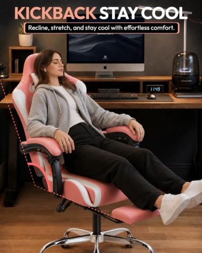 Dowinx Ergonomic Pink Gaming Chair with Footrest & Massage Lumbar, 2D-Linkage Armrests for Cute Aesthetic Esports Chair for Girls, Office, Home and Long Gaming Sessions, Pink - color: Pink