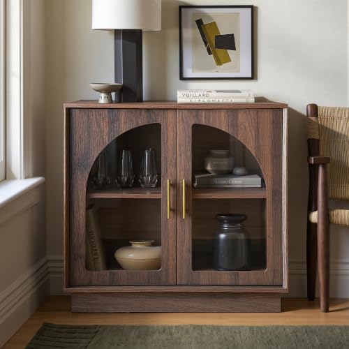 FORTUNETEC 31.5" Sideboard Buffet Cabinet with Arched Glass Doors | Modern Accent Cabinet, Modular Media Console with Storage, Adjustable Shelves, for Living Dining Room Entryway, Dark Walnut - color: Dark Walnut, size: 1