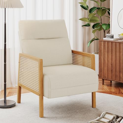 Andeworld Ivory Accent Chairs,Upholstered Modern Living Room Chairs with Natural Rattan Arm,Side Chair for Bedroom Club Balcony Reception Room - color: Ivory, size: 1